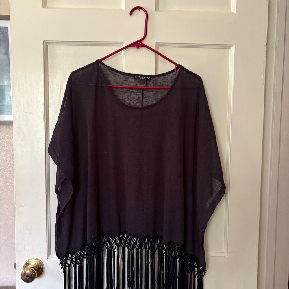 See You Monday Black Fringe Poncho Sweater